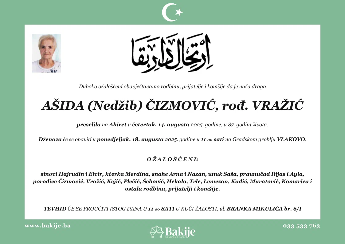 Smrtovnica — Ašida (Nedžib) Čizmović, rođ. Vražić