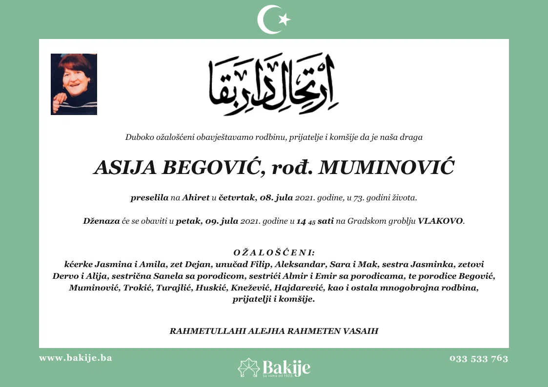 Smrtovnica — Asija Begović, rođ. Muminović
