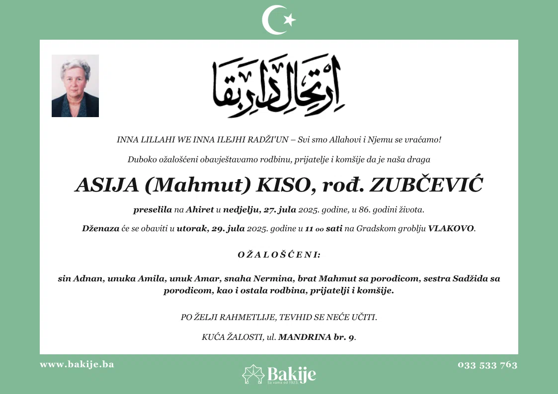 Smrtovnica — Asija (Mahmut) Kiso, rođ. Zubčević