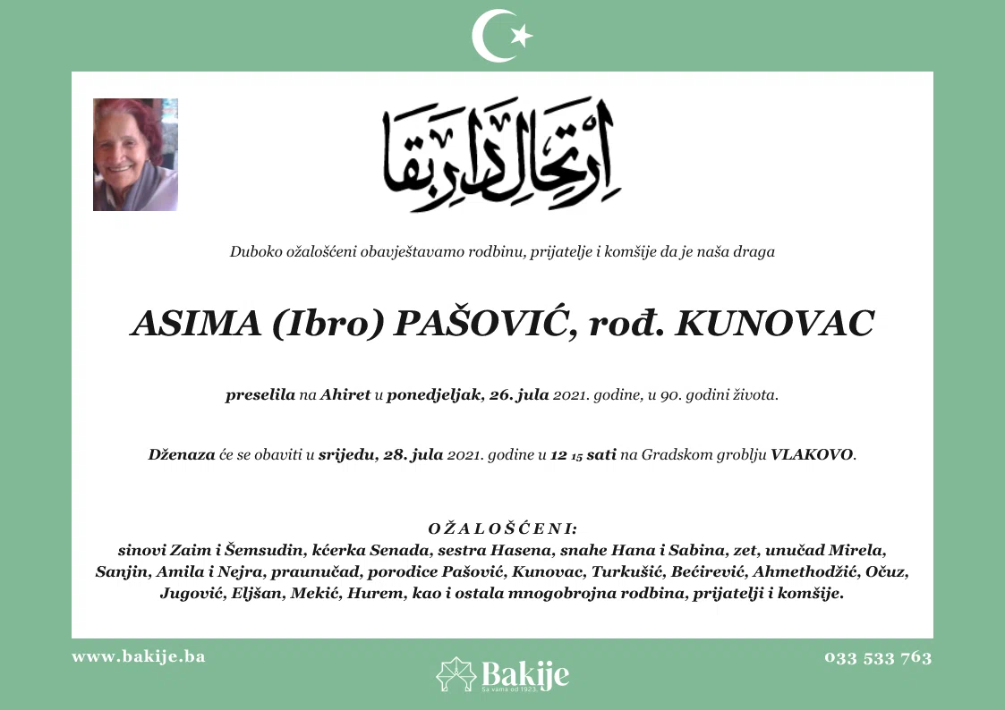 Smrtovnica — Asima (Ibro) Pašović, rođ. Kunovac