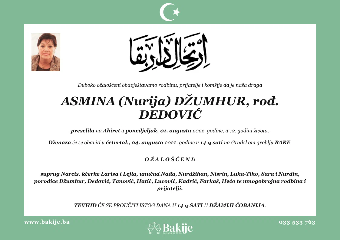 Smrtovnica — Asmina (Nurija) Džumhur, rođ. Dedović