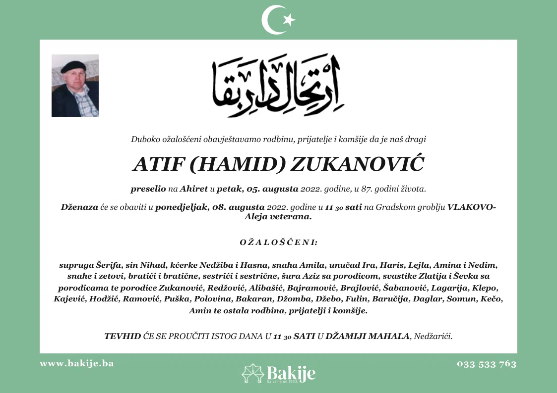 Smrtovnica — Atif (Hamid) Zukanović