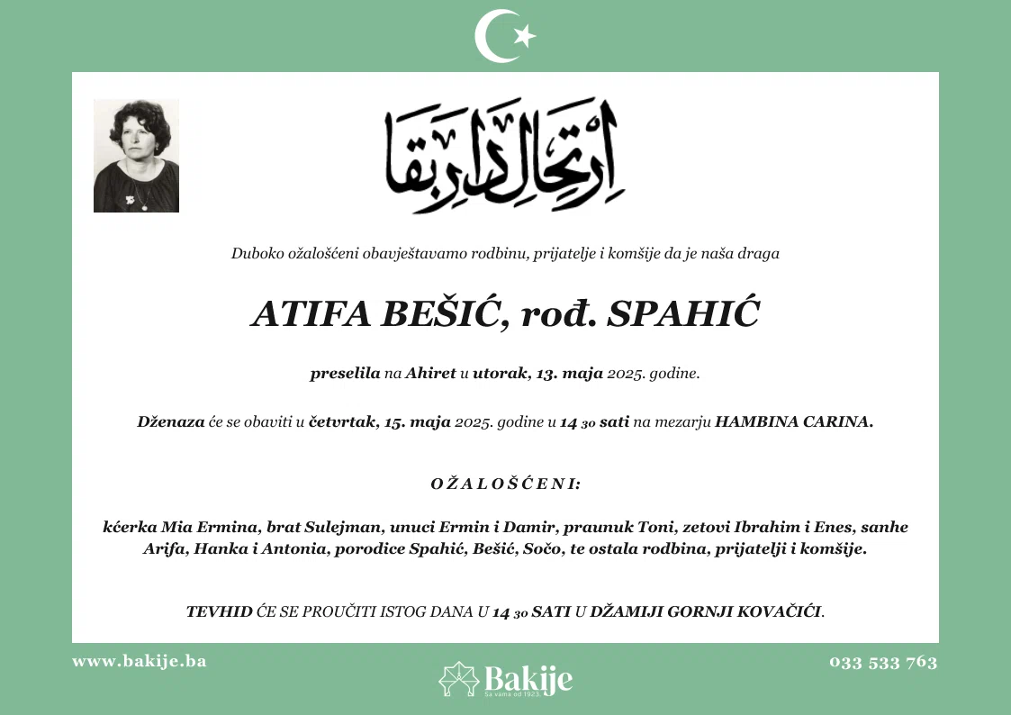 Smrtovnica — Atifa Bešić, rođ. Spahić