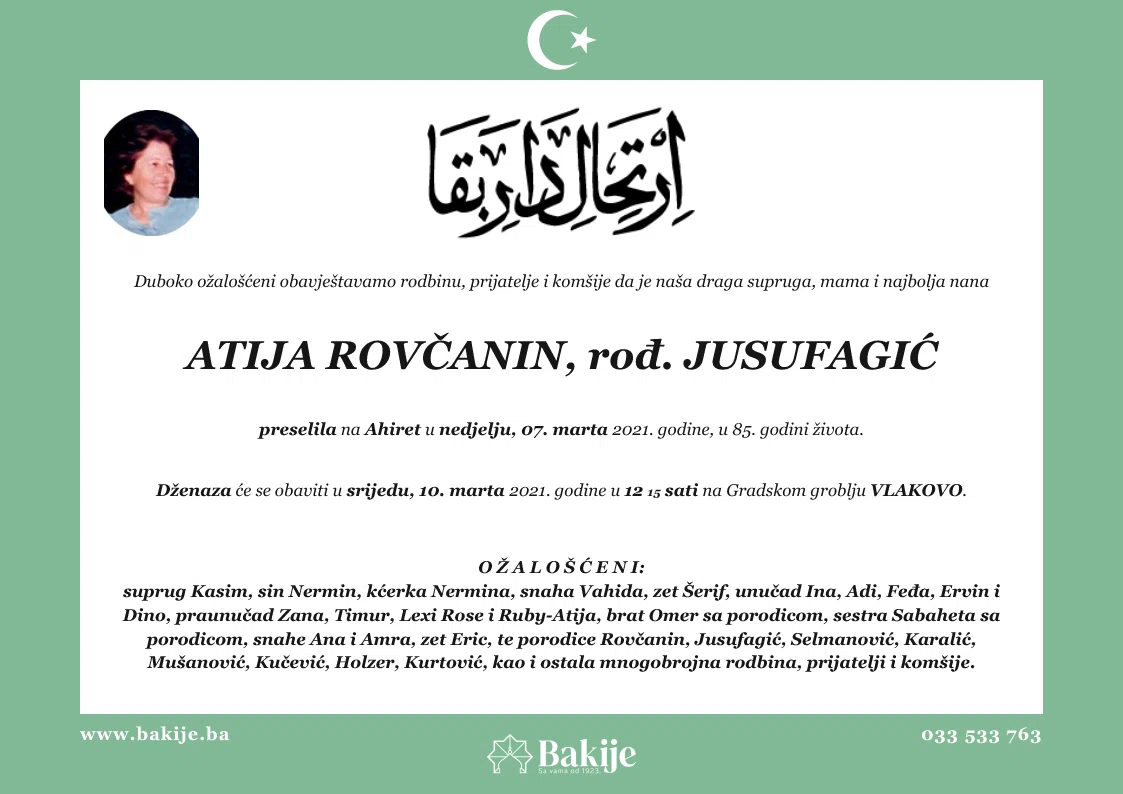 Smrtovnica — Atija Rovčanin, rođ. Jusufagić