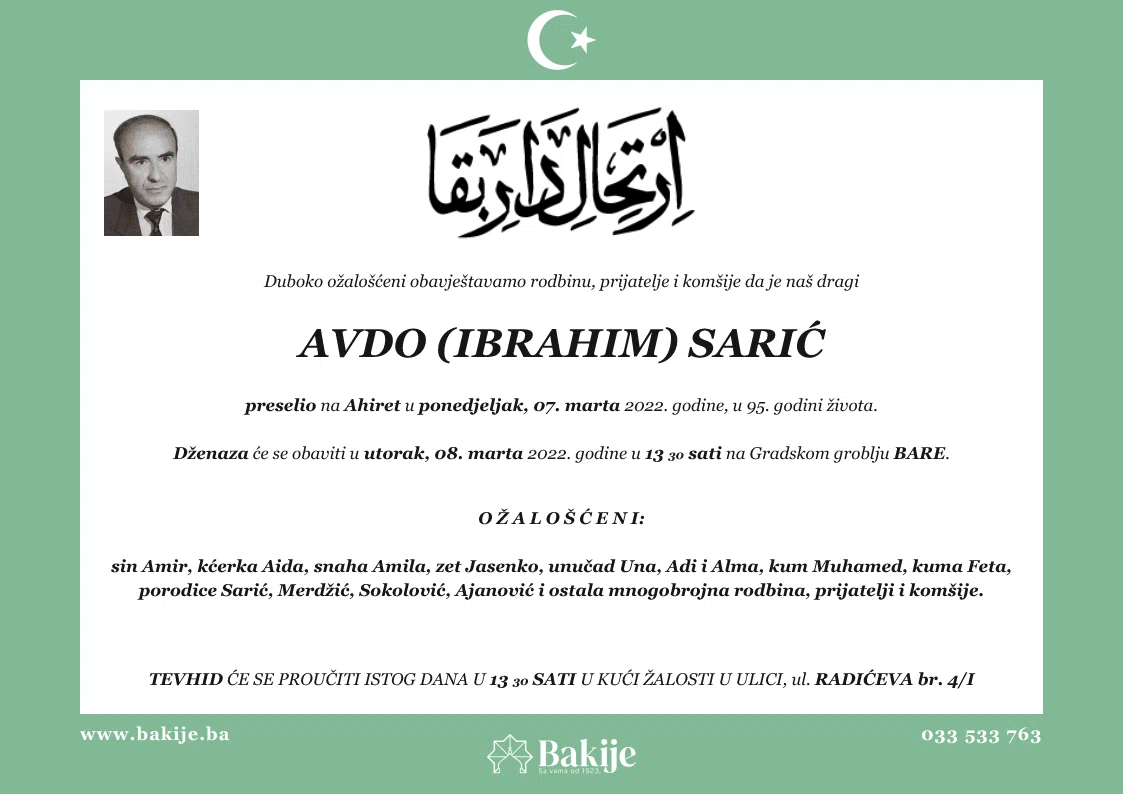 Smrtovnica — Avdo (Ibrahim) Sarić