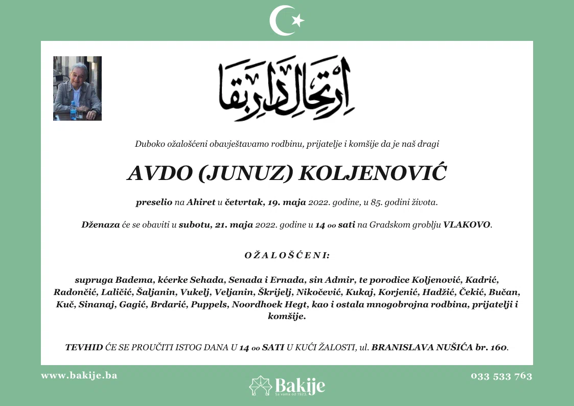 Smrtovnica — Avdo (Junuz) Koljenović