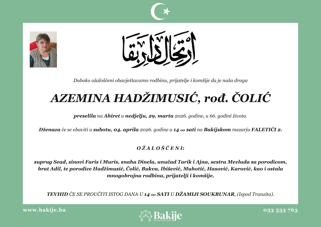 Smrtovnica — Azemina Hadžimusić, rođ. Čolić