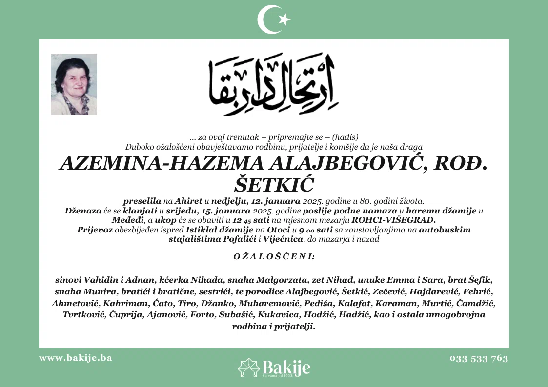 Smrtovnica — Azemina-Hazema Alajbegović, rođ. Šetkić