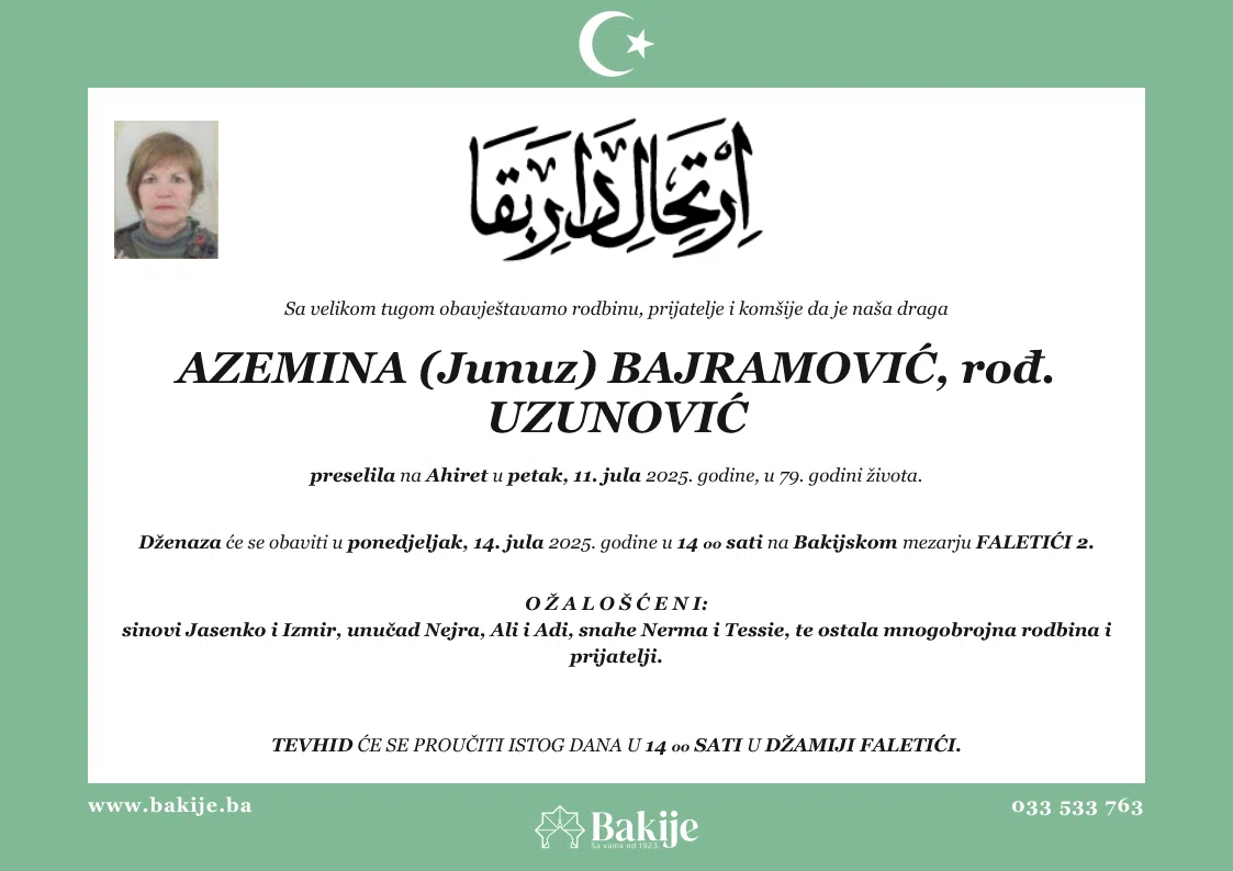 Smrtovnica — Azemina (Junuz) Bajramović, rođ. Uzunović