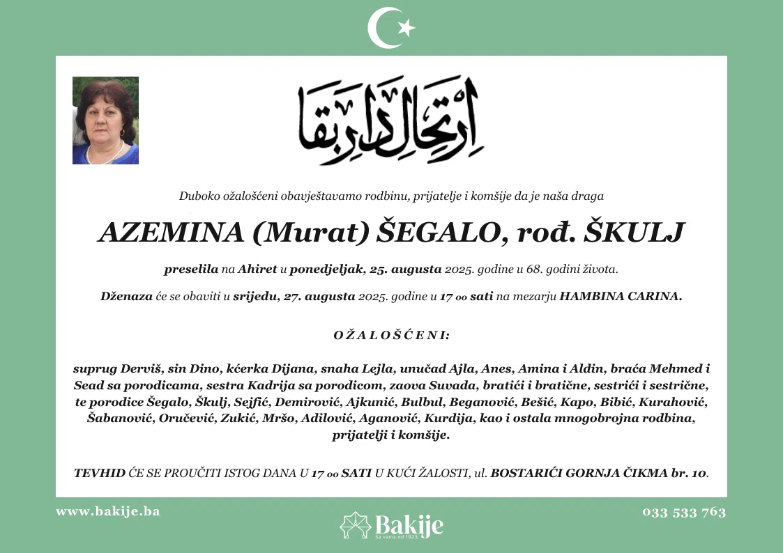 Smrtovnica — Azemina (Murat) Šegalo, rođ. Škulj