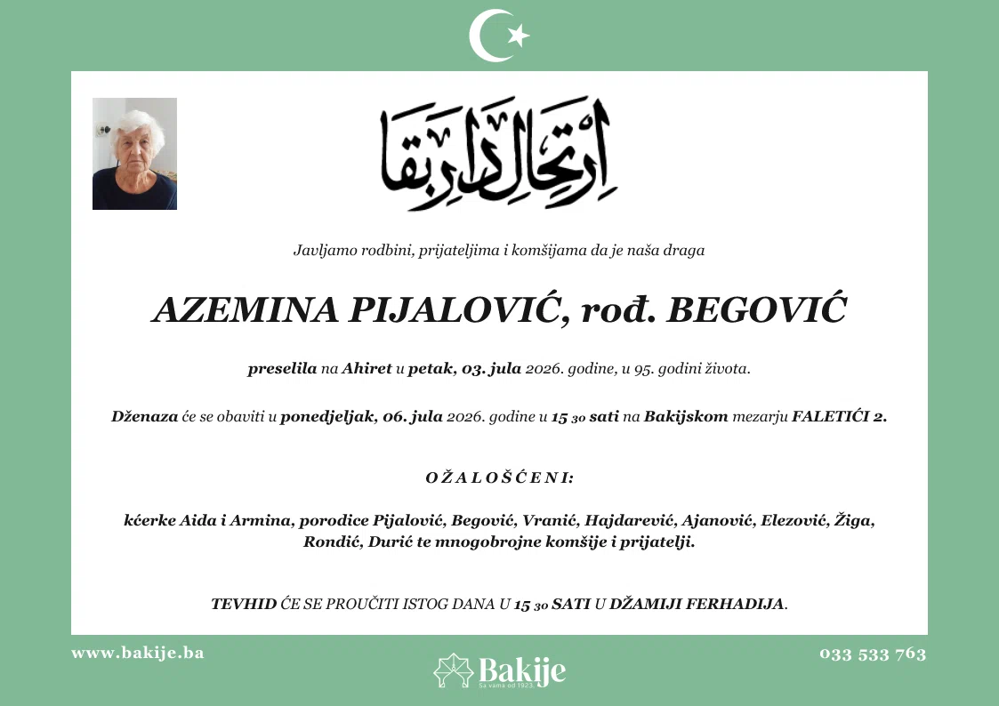 Smrtovnica — Azemina Pijalović, rođ. Begović