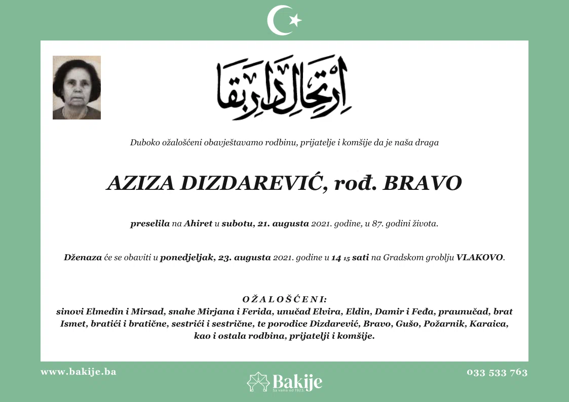Smrtovnica — Aziza Dizdarević, rođ. Bravo