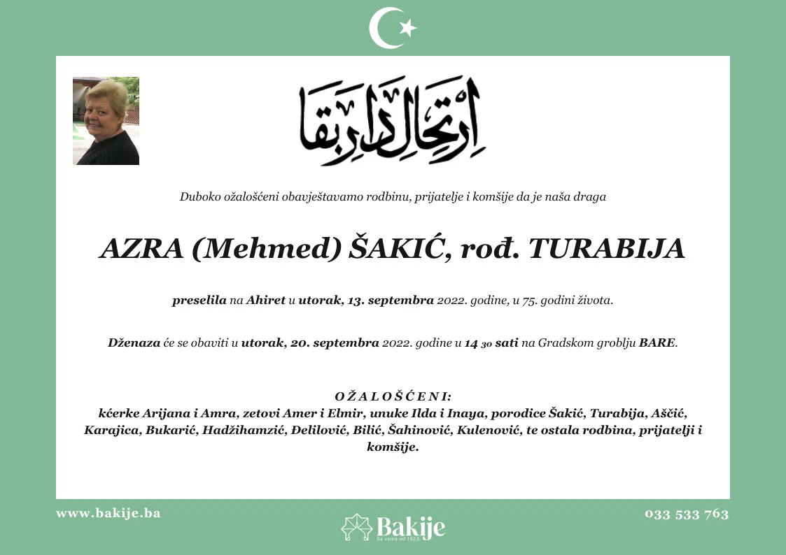 Smrtovnica — Azra (Mehmed) Šakić, rođ. Turabija
