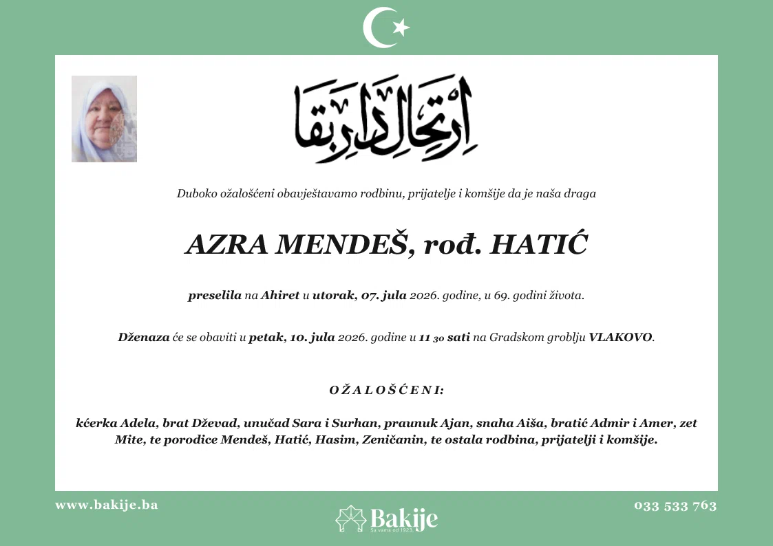Smrtovnica — Azra Mendeš, rođ. Hatić