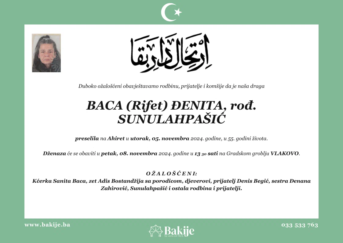 Smrtovnica — Baca (Rifet) Đenita, rođ. Sunulahpašić
