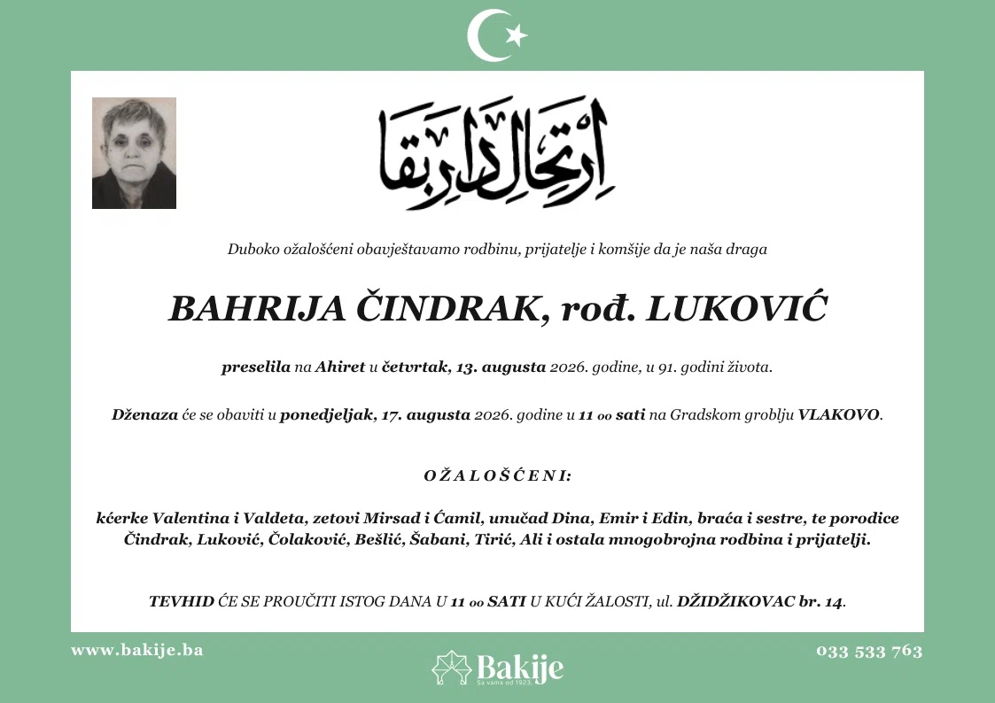 Smrtovnica — Bahrija Čindrak, rođ. Luković