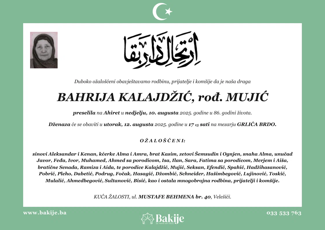 Smrtovnica — Bahrija Kalajdžić, rođ. Mujić