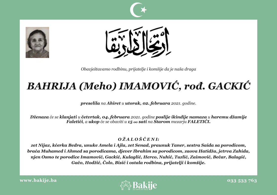 Smrtovnica — Bahrija (Meho) Imamović, rođ. Gackić