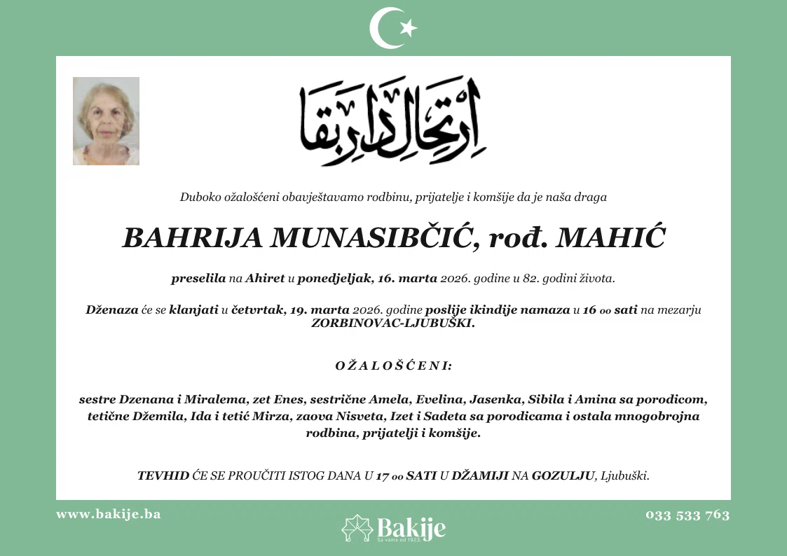 Smrtovnica — Bahrija Munasibčić, rođ. Mahić