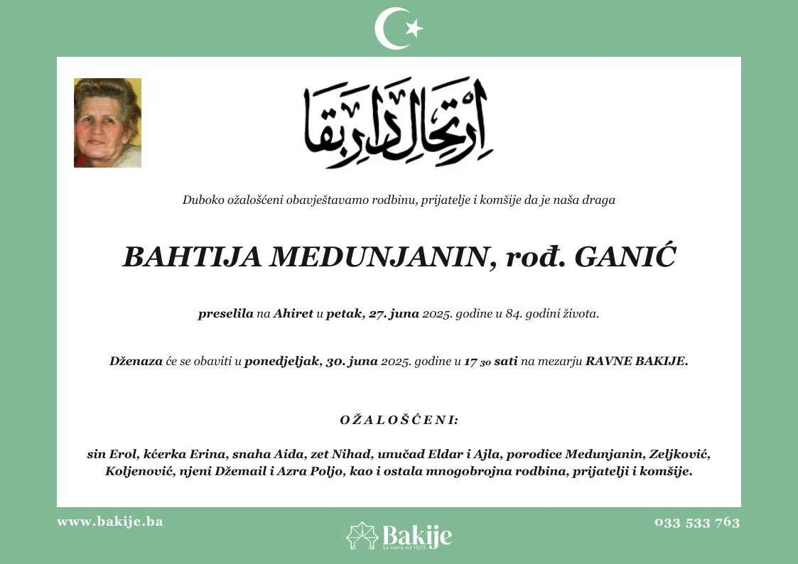 Smrtovnica — Bahtija Medunjanin, rođ. Ganić