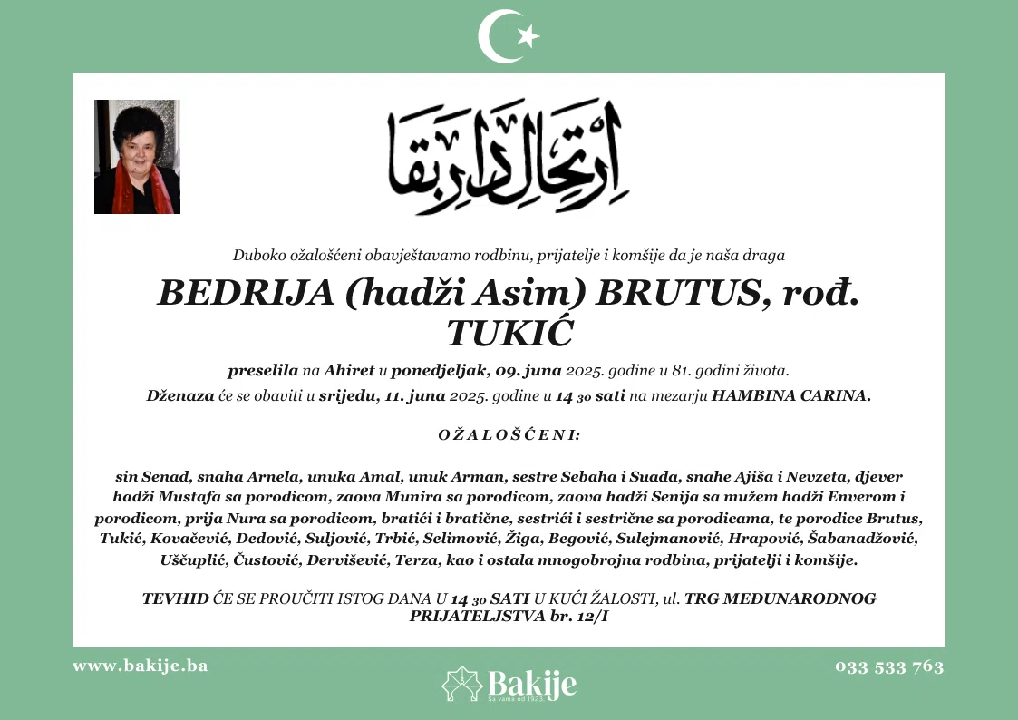 Smrtovnica — Bedrija (Hadži Asim) Brutus, rođ. Tukić