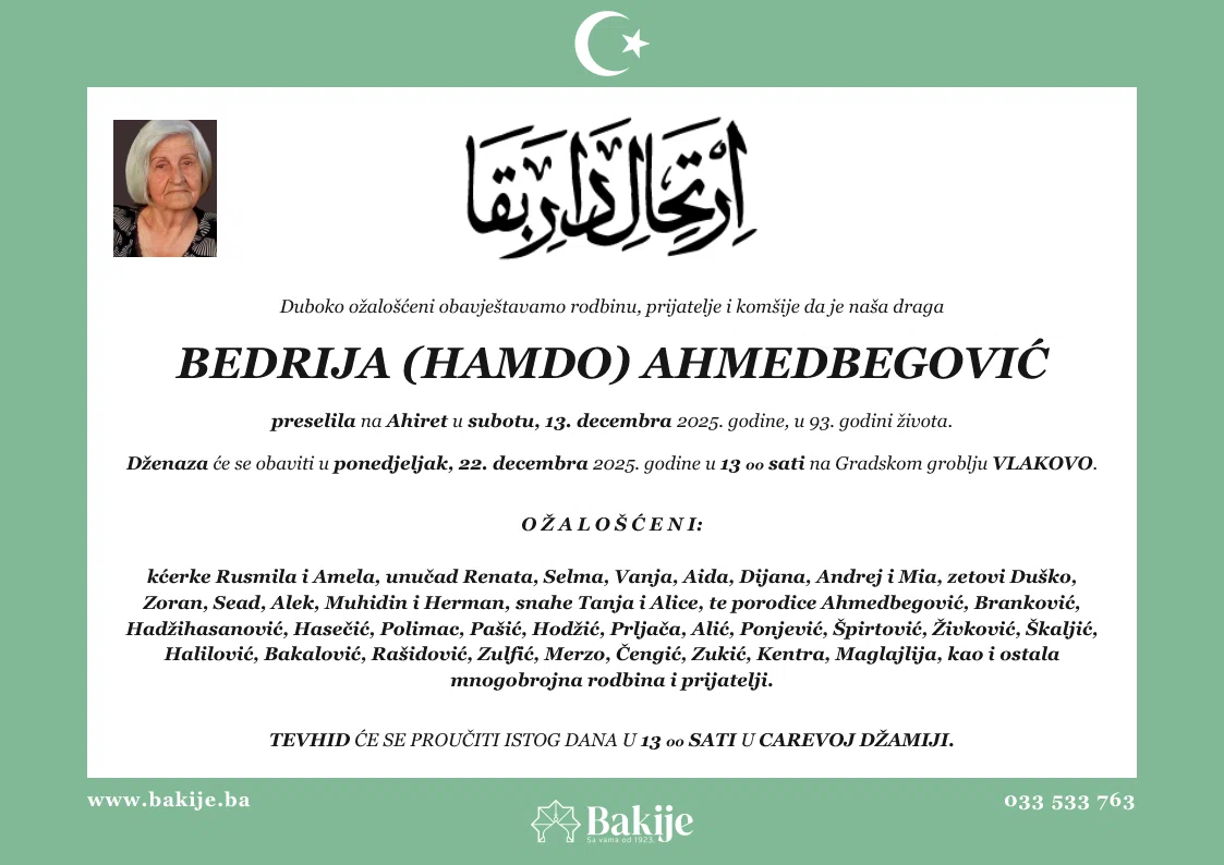 Smrtovnica — Bedrija (Hamdo) Ahmedbegović