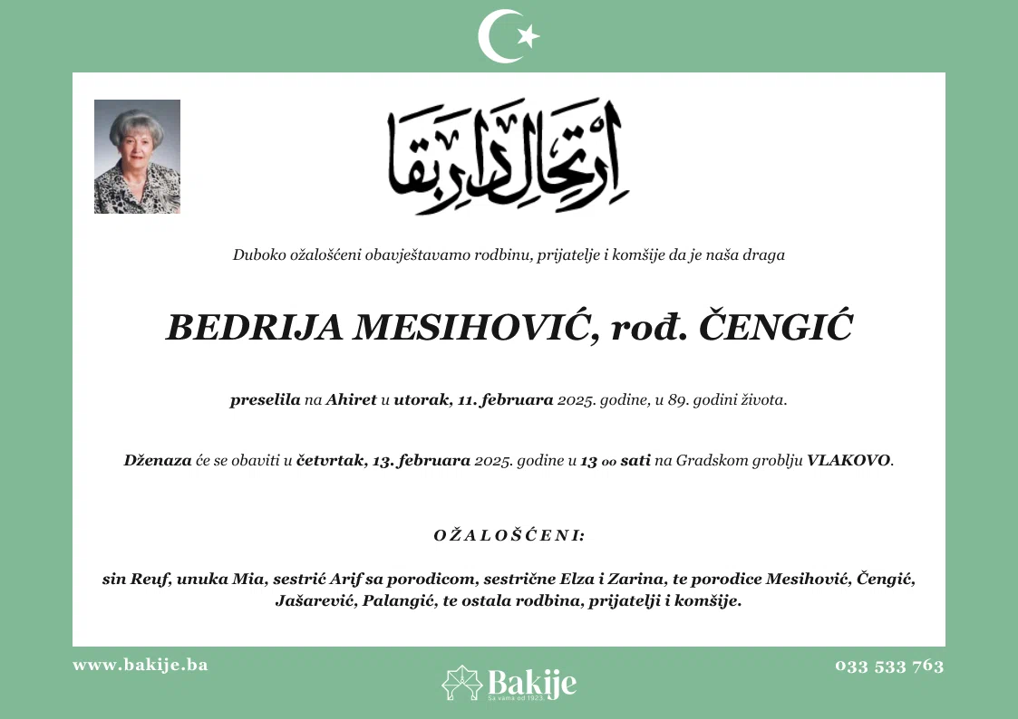 Smrtovnica — Bedrija Mesihović, rođ. Čengić