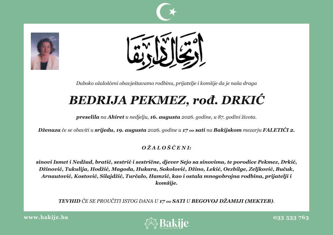 Smrtovnica — Bedrija Pekmez, rođ. Drkić