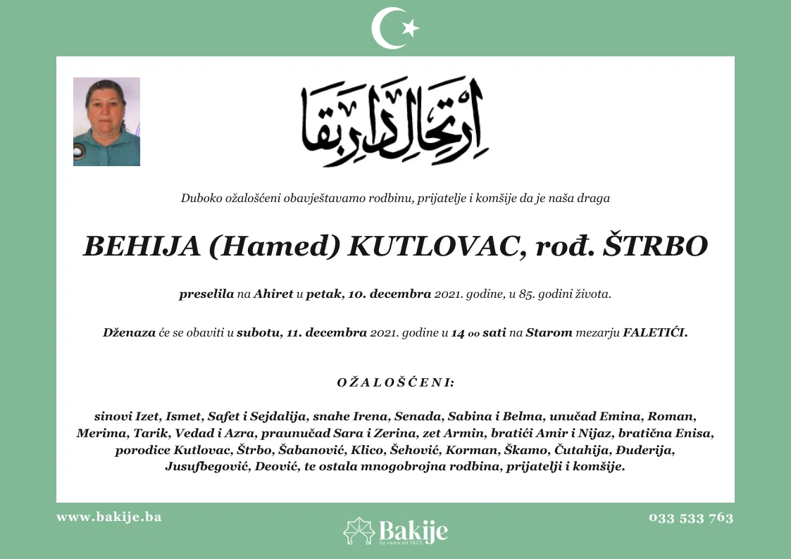 Smrtovnica — Behija (Hamed) Kutlovac, rođ. Štrbo