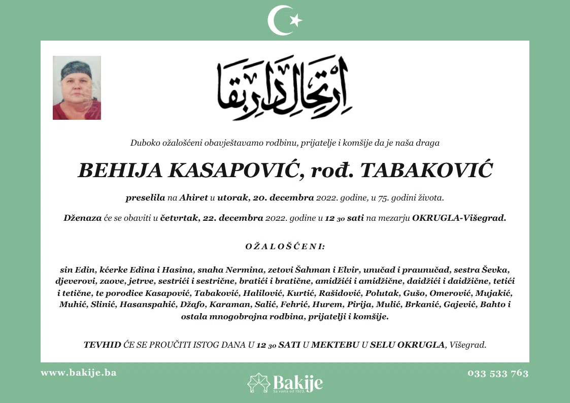 Smrtovnica — Behija Kasapović, rođ. Tabaković