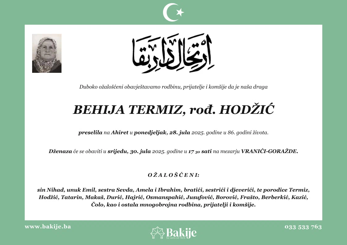 Smrtovnica — Behija Termiz, rođ. Hodžić