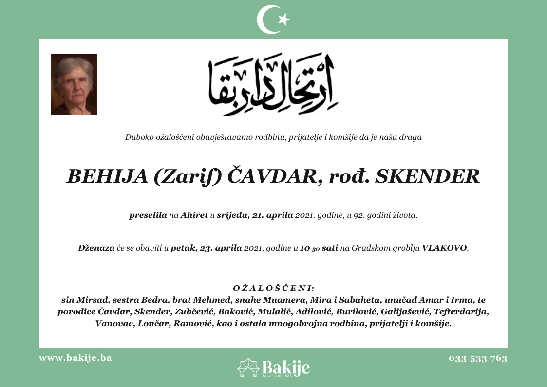 Smrtovnica — Behija (Zarif) Čavdar, rođ. Skender