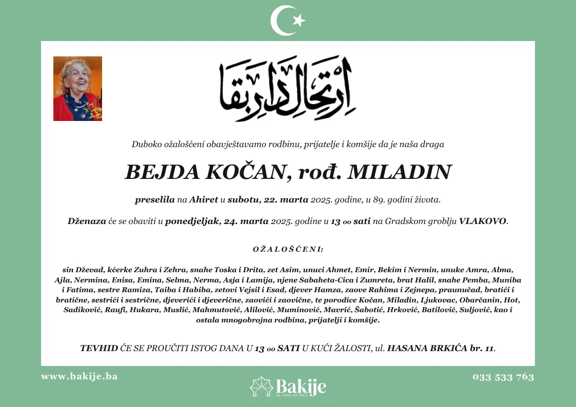 Smrtovnica — Bejda Kočan, rođ. Miladin