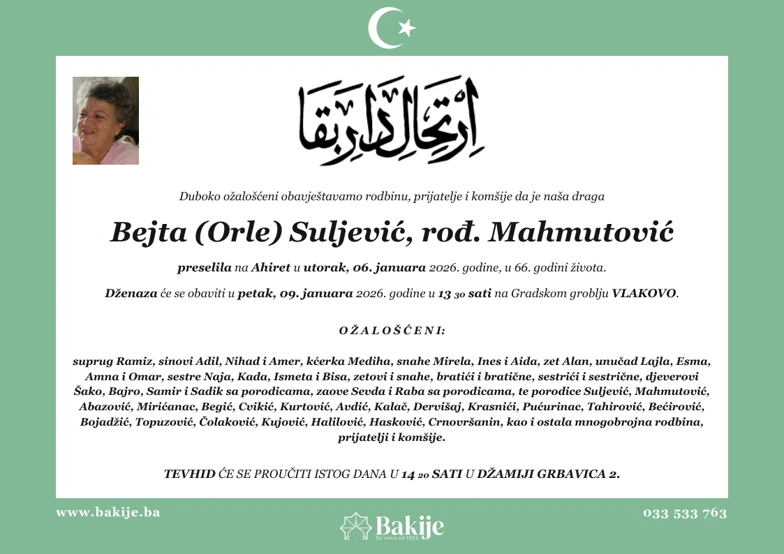 Smrtovnica — Bejta (Orle) Suljević, rođ. Mahmutović