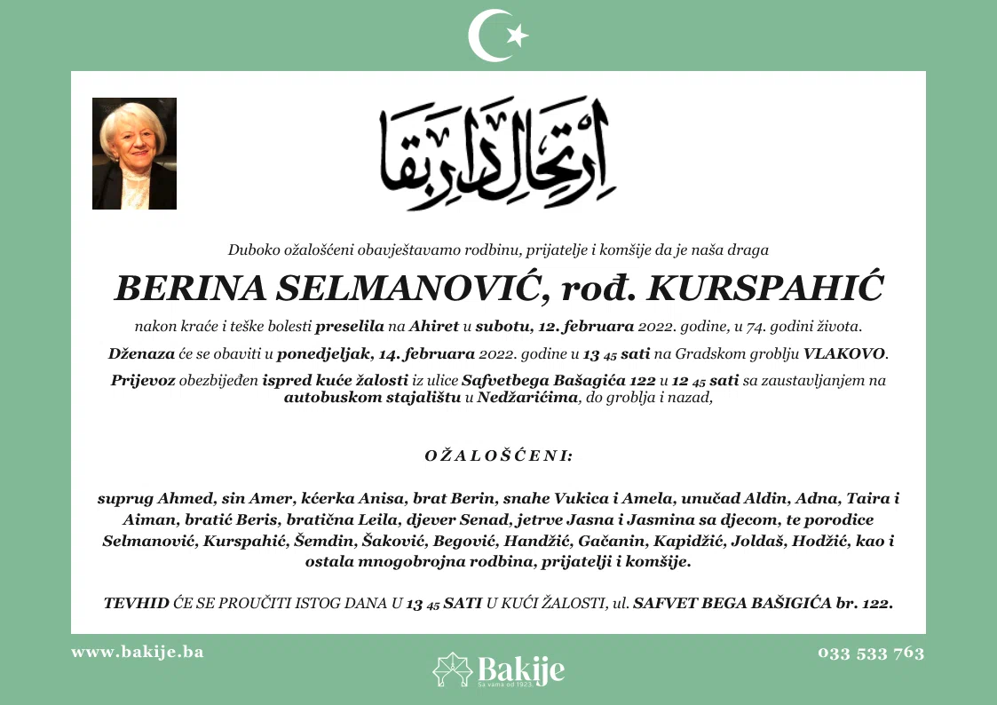 Smrtovnica — Berina Selmanović, rođ. Kurspahić