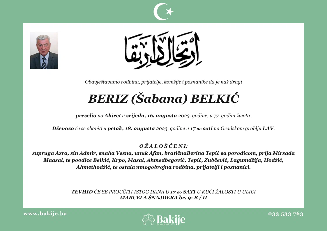 Smrtovnica — Beriz (Šabana) Belkić