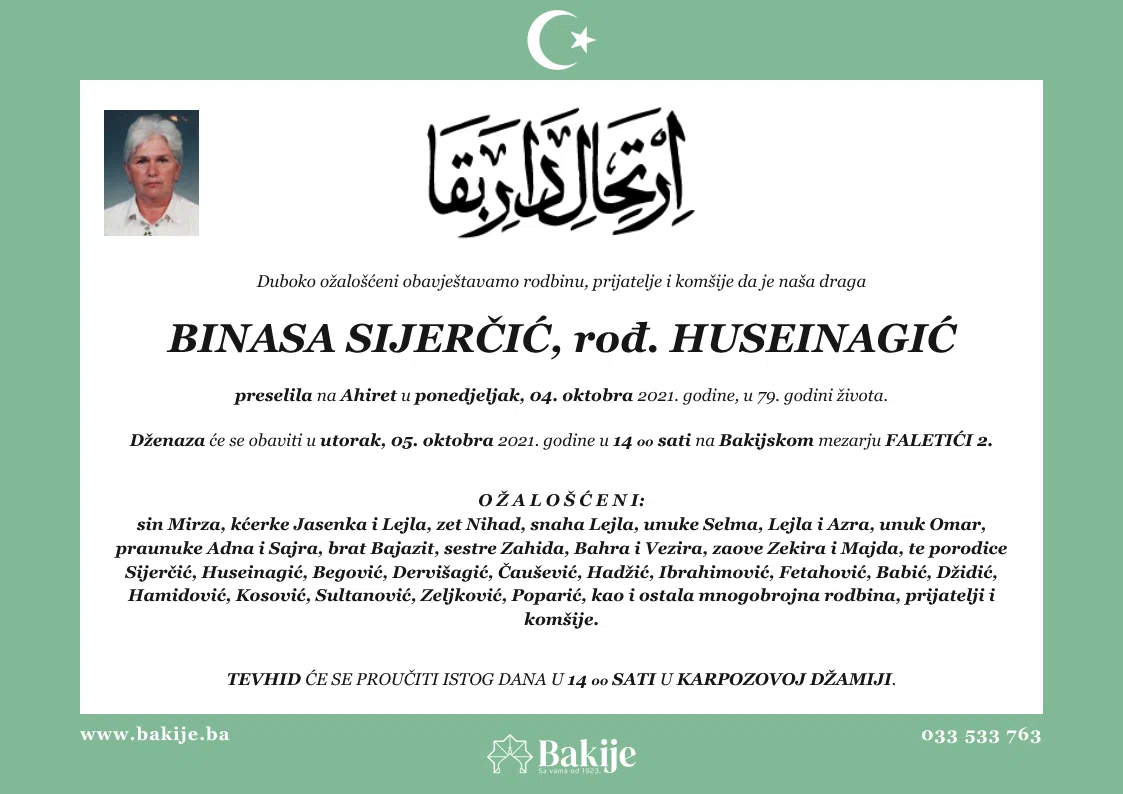 Smrtovnica — Binasa Sijerčić, rođ. Huseinagić