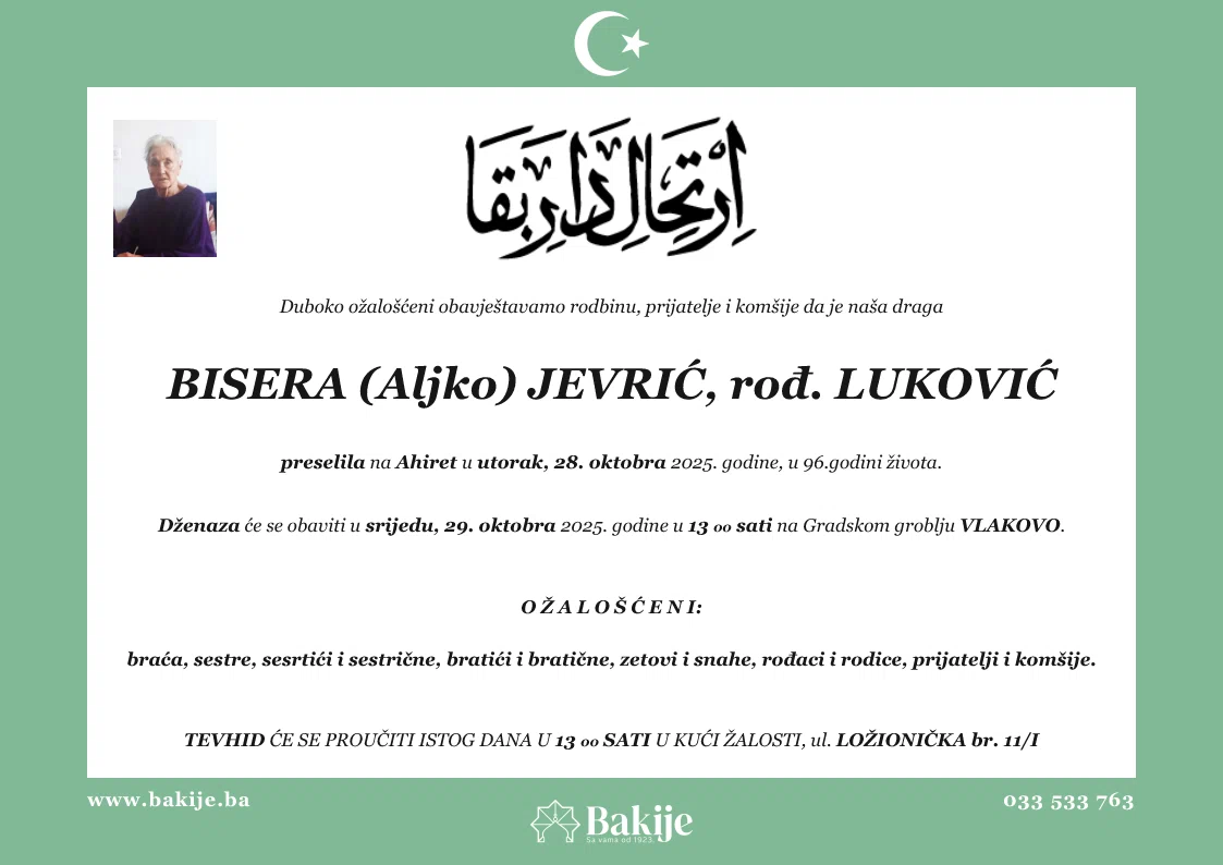 Smrtovnica — Bisera (Aljko) Jevrić, rođ. Luković
