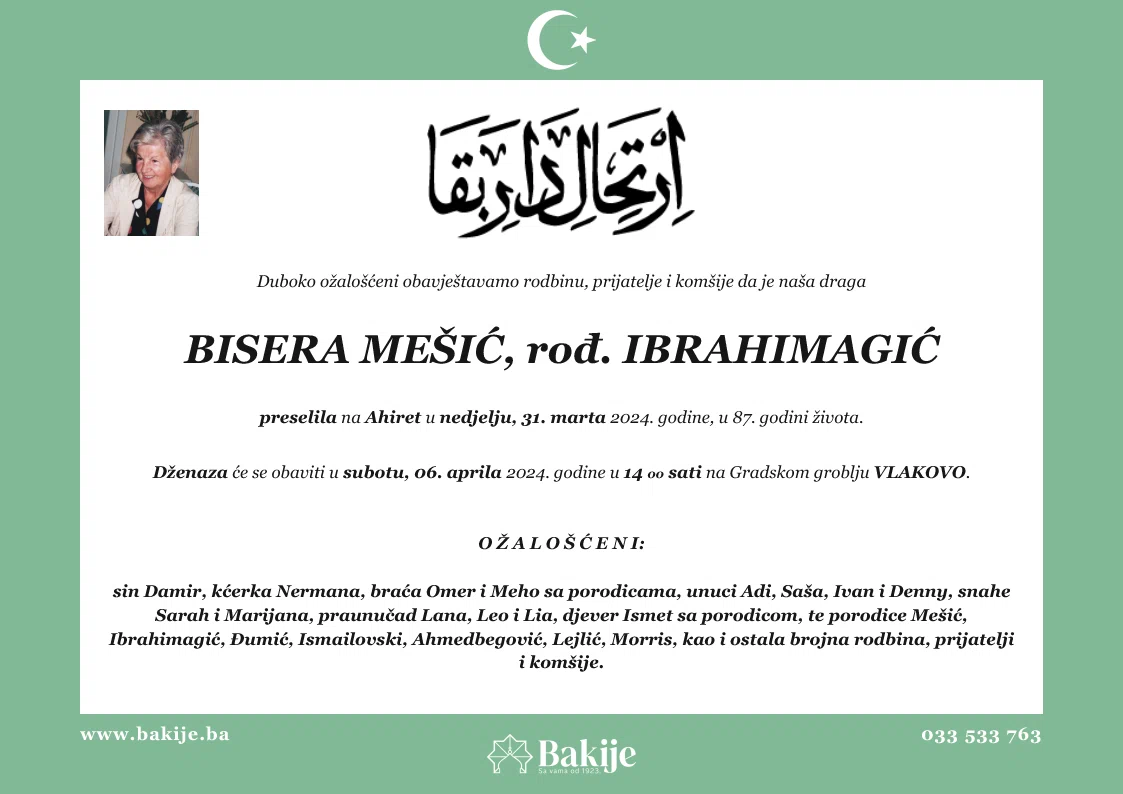 Smrtovnica — Bisera Mešić, rođ. Ibrahimagić