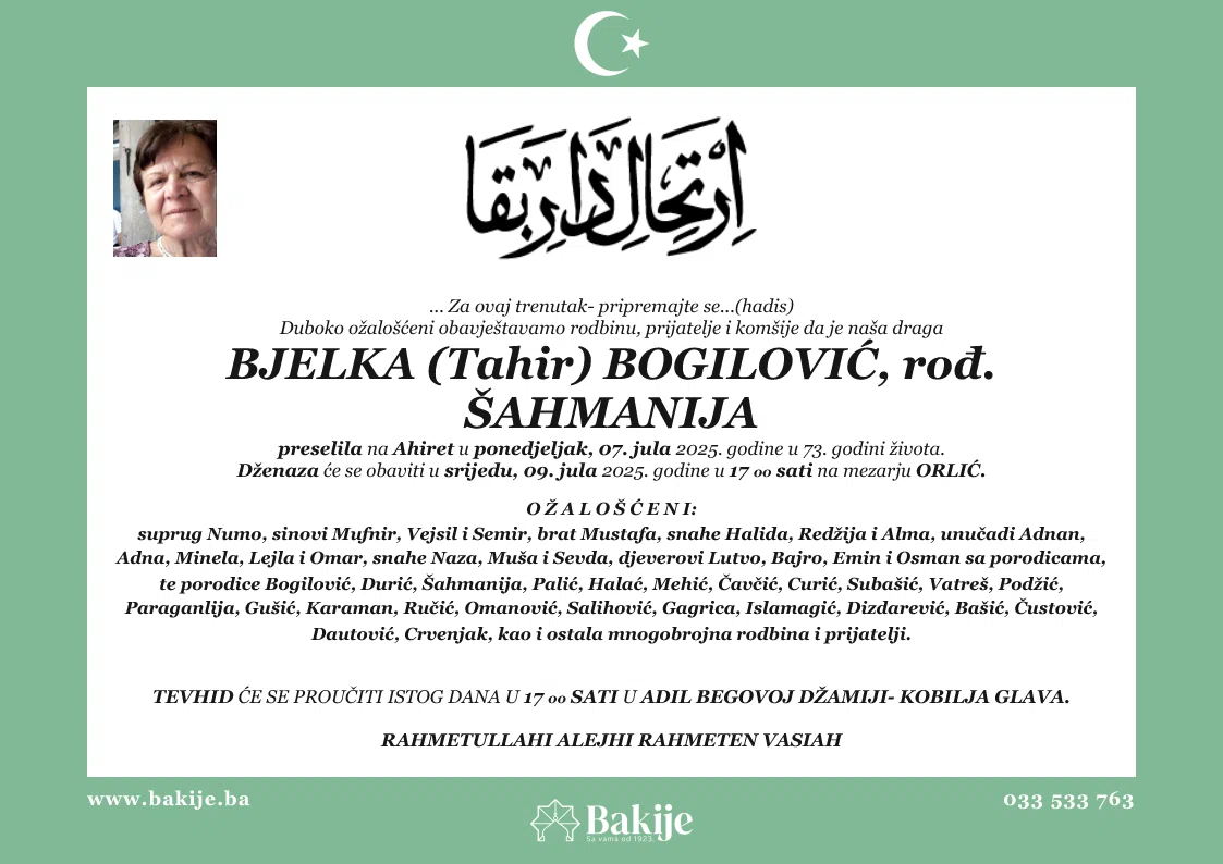 Smrtovnica — Bjelka (Tahir) Bogilović, rođ. Šahmanija