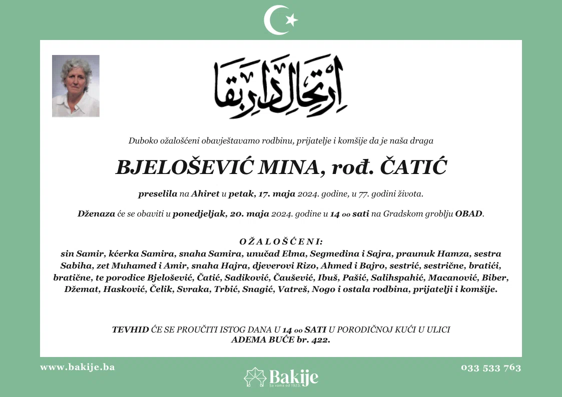 Smrtovnica — Bjelošević Mina, rođ. Čatić