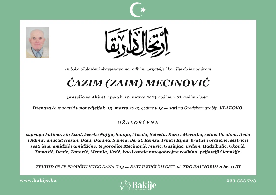 Smrtovnica — Ćazim (Zaim) Mecinović
