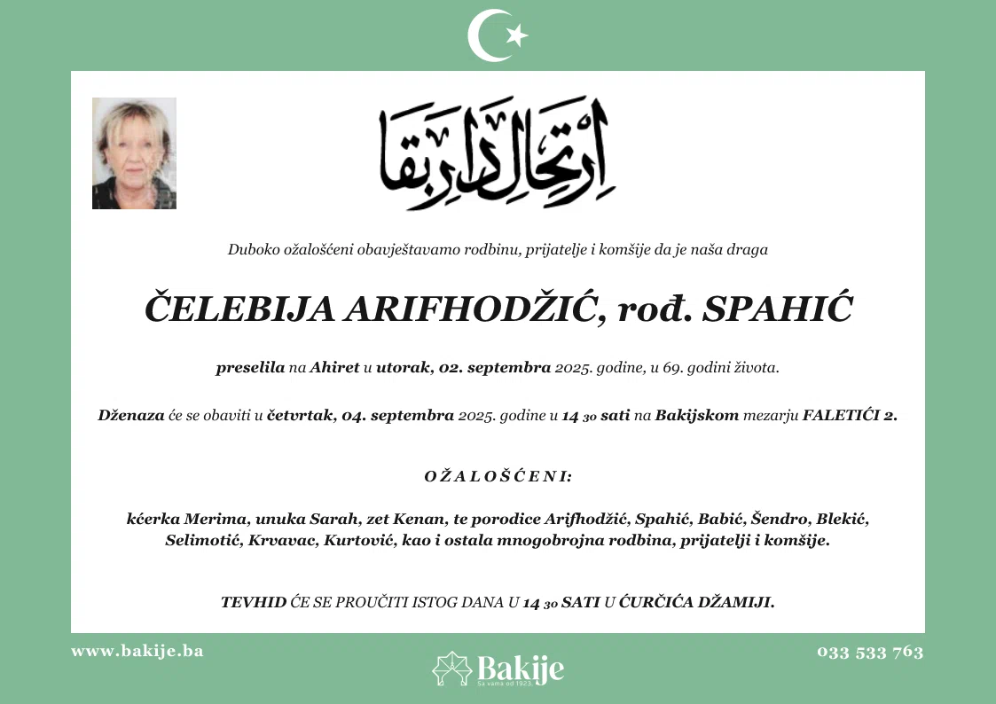 Smrtovnica — Čelebija Arifhodžić, rođ. Spahić