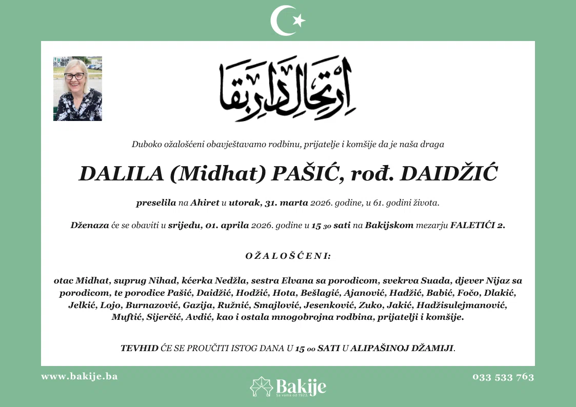 Smrtovnica — Dalila (Midhat) Pašić, rođ. Daidžić