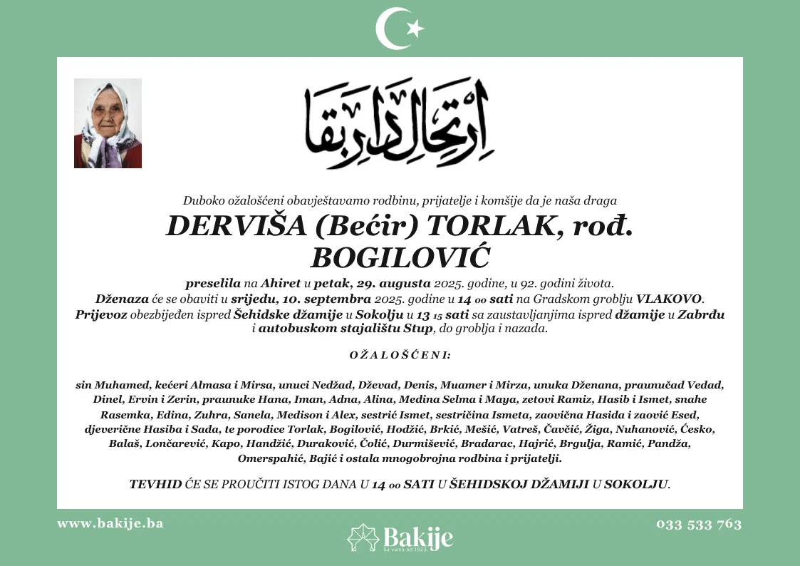 Smrtovnica — Derviša (Bećir) Torlak, rođ. Bogilović