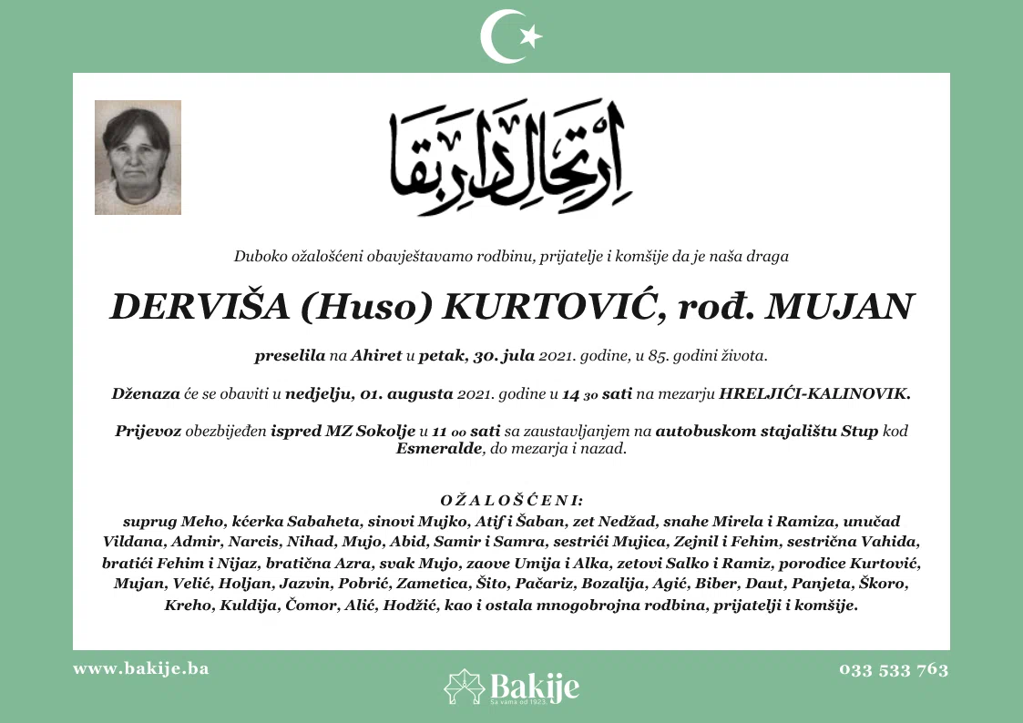 Smrtovnica — Derviša (Huso) Kurtović, rođ. Mujan