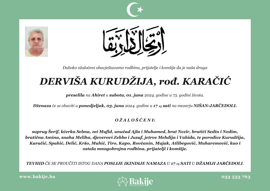 Smrtovnica — Derviša Kurudžija, rođ. Karačić