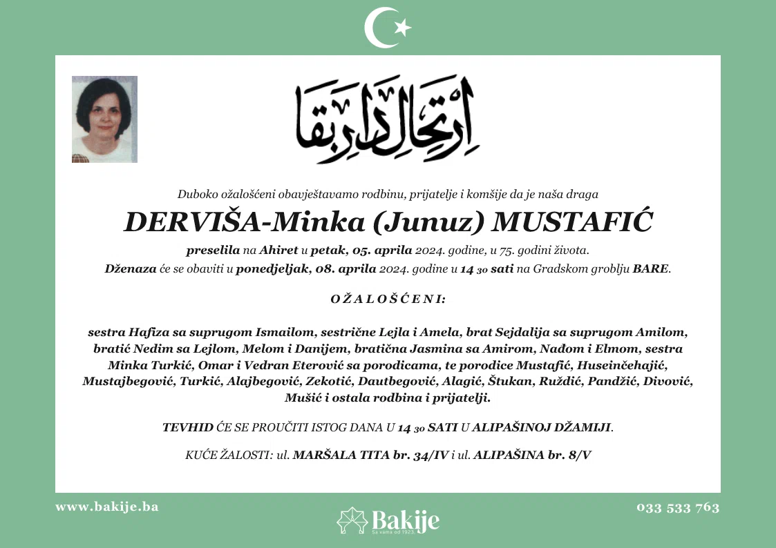 Smrtovnica — Derviša-Minka (Junuz) Mustafić