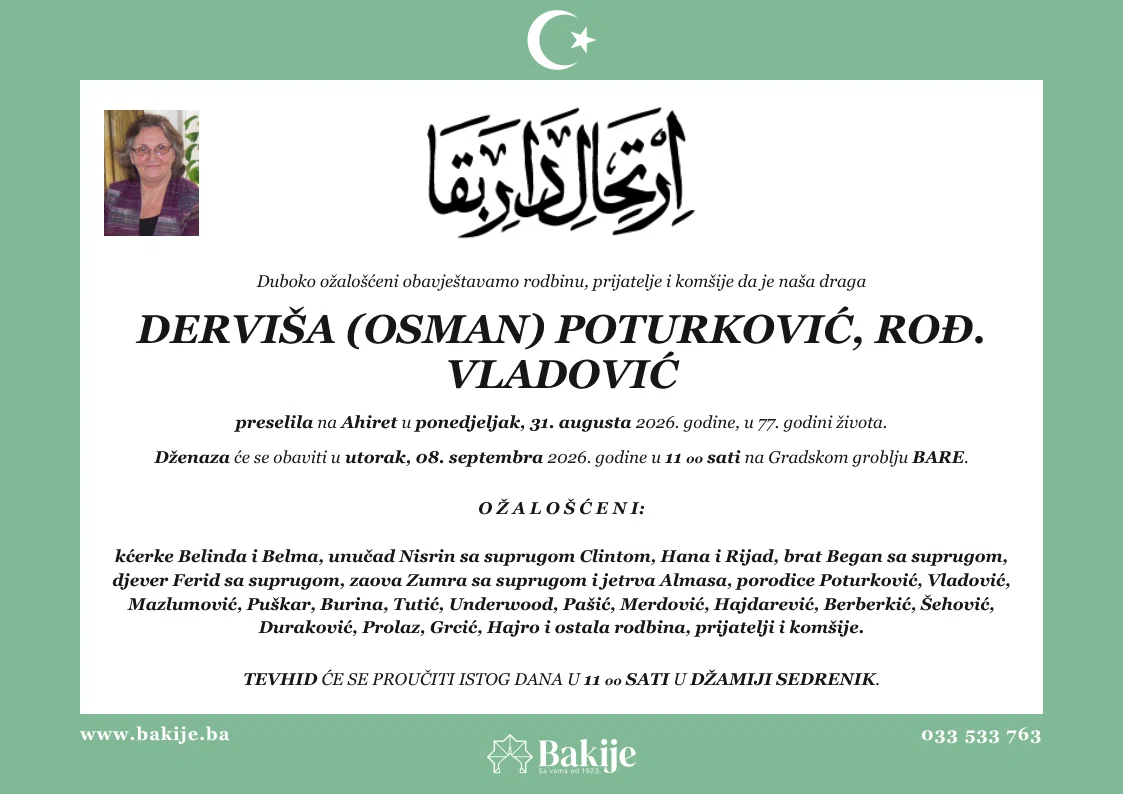 Smrtovnica — Derviša (Osman) Poturković, rođ. Vladović