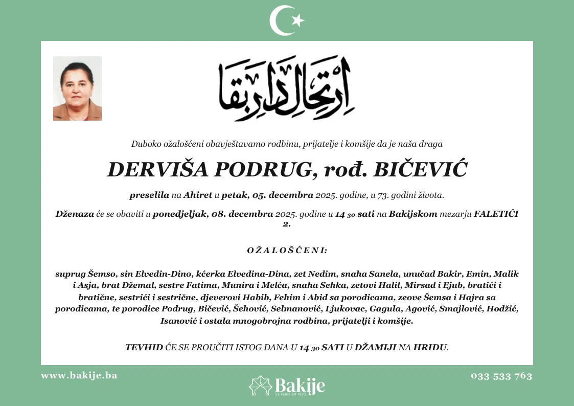 Smrtovnica — Derviša Podrug, rođ. Bičević